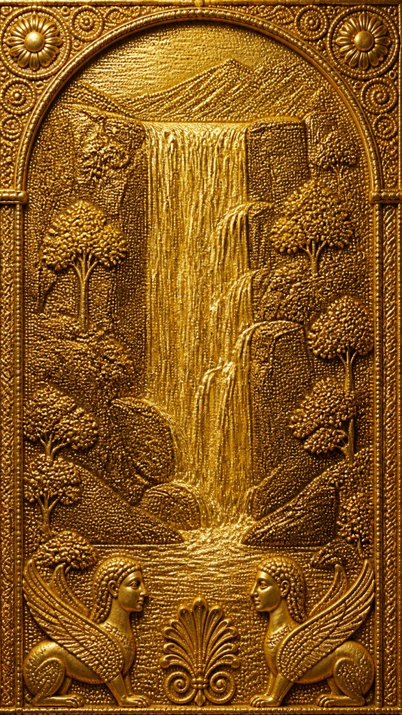 towering waterfall cascading down a cliff — Etruscan Granulation Jewelry Style