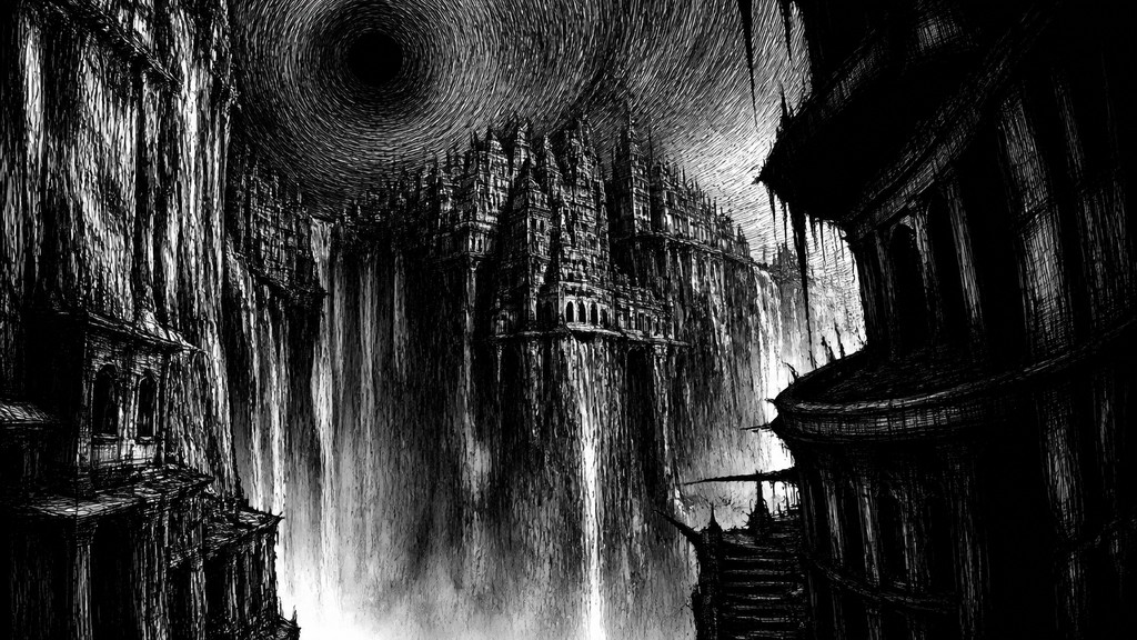 a cliffside city with waterfalls cascading into a misty canyon, wide establishing shot, no people, no text — Horror Manga Art Style concept art