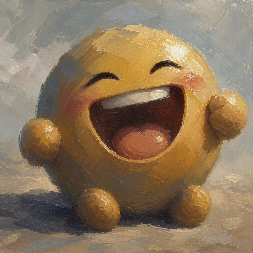 an exaggerated laughing face of an original round mascot character, bold and readable at small size, plain background, no text — Plein Air Realism Art Style Twitch emote