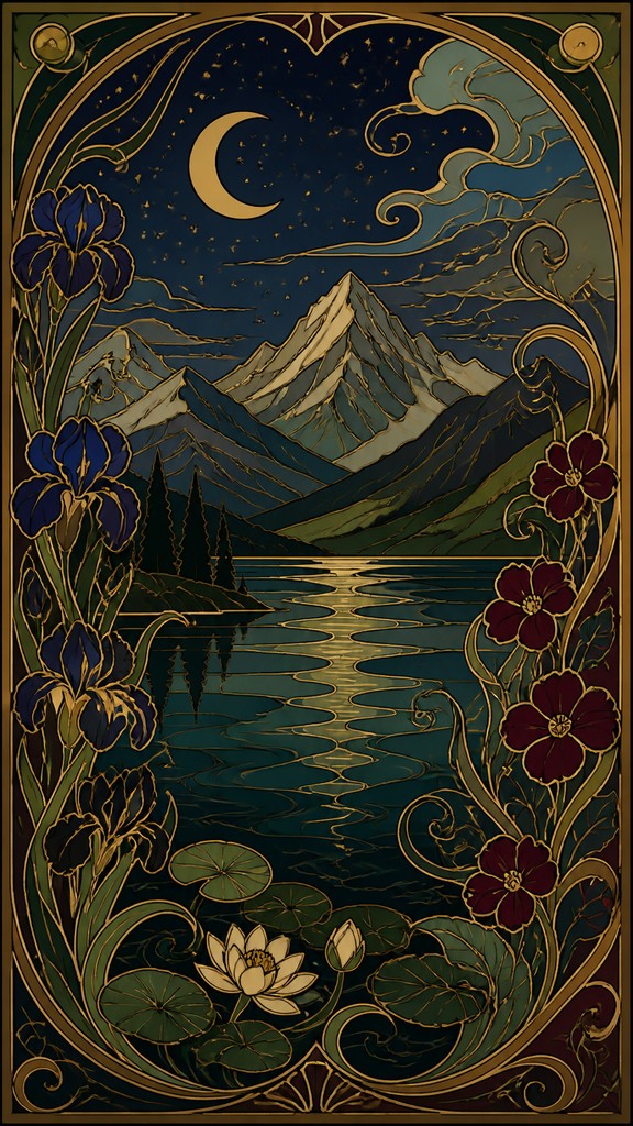 a tranquil mountain lake beneath a starry night sky, no people, no text — Art Nouveau Style phone wallpaper