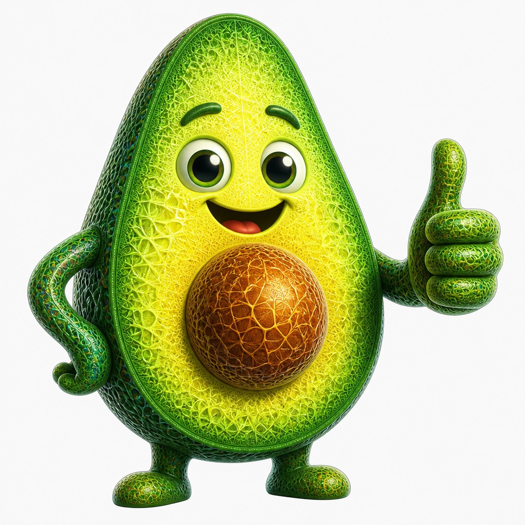a happy avocado character giving a thumbs up, bold readable design on a plain background, no text — Procedural Digital Art Style sticker