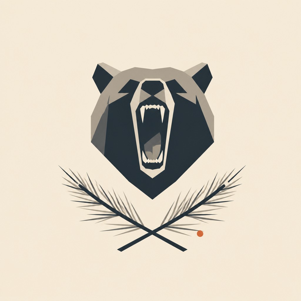 a roaring bear head above crossed pine branches, bold graphic composition on a plain background, no text — Minimalist Abstract Art Style t-shirt design