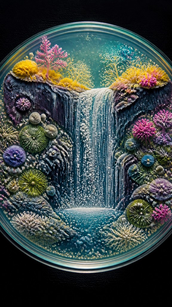 towering waterfall cascading down a cliff — Bacteriological Agar Art