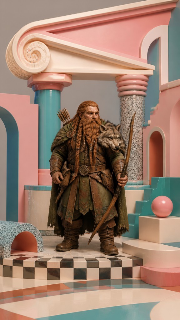 full-body original character: a dwarven ranger with a braided auburn beard, worn leather armor, a longbow and a wolf-pelt cloak, neutral background, no text — Postmodern Architecture tabletop character portrait