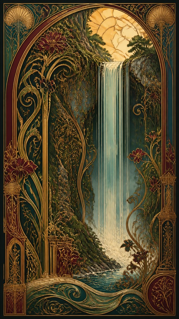 towering waterfall cascading down a cliff — Art Nouveau Architecture Art