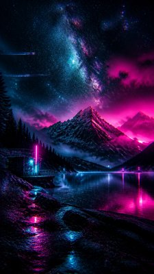 a tranquil mountain lake beneath a starry night sky, no people, no text — Cyberpunk Sci-Fi Art wallpaper