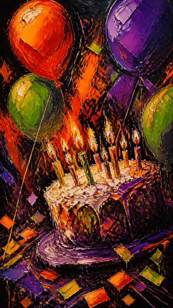 a birthday cake with lit candles surrounded by balloons and confetti, festive vertical composition, no text — Expressionism Art Style birthday card