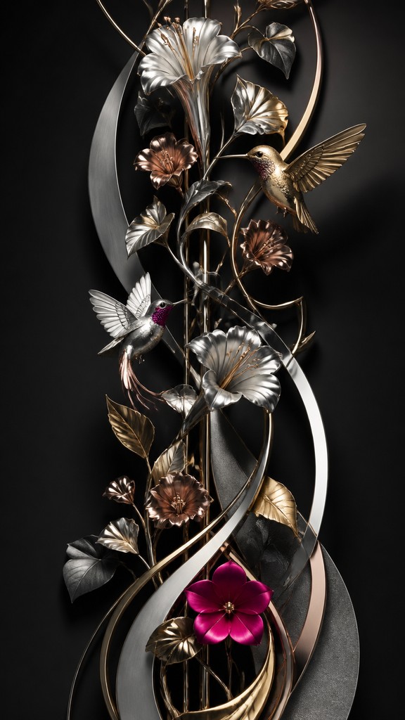 a climbing vine of flowers and hummingbirds on a dark background, tall wrapping composition, no text — Modern Contemporary Jewelry Design phone case design