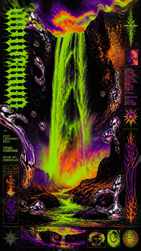 towering waterfall cascading down a cliff — Acid Graphics
