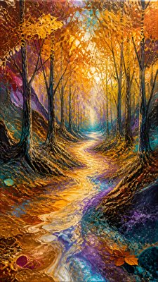 a winding forest path in golden autumn light, no people — Fluid Abstract Art Style wallpaper