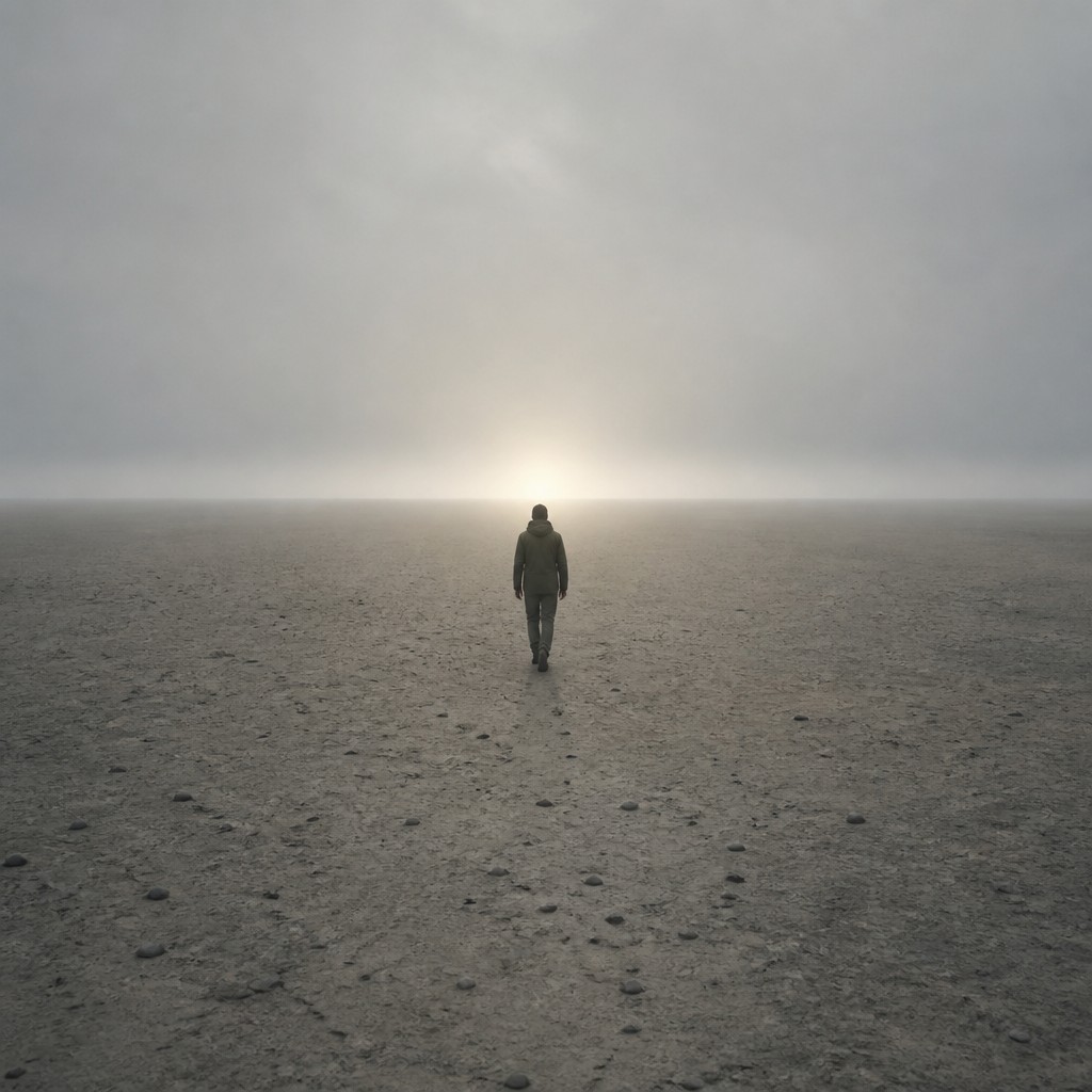 a solitary figure walking toward a glowing horizon across an empty plain, moody atmosphere, no text or lettering — Photo-Conceptual Art Style album cover
