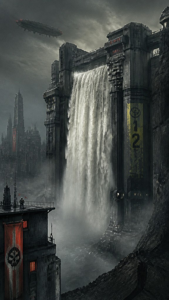towering waterfall cascading down a cliff — Dystopian Sci-Fi Art