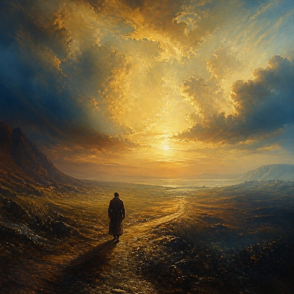 a solitary figure walking toward a glowing horizon across an empty plain, moody atmosphere, no text or lettering — Neo-Romanticism Art Style album cover