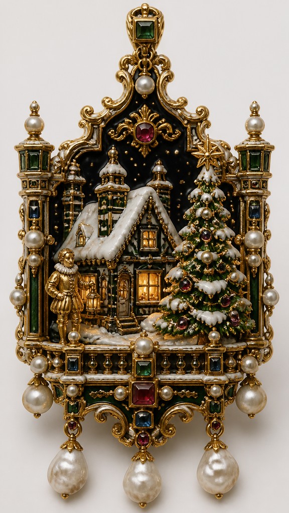 a snow-covered cottage with warm glowing windows beside a decorated pine tree, gentle snowfall, no text — Renaissance Jewelry Design Christmas card