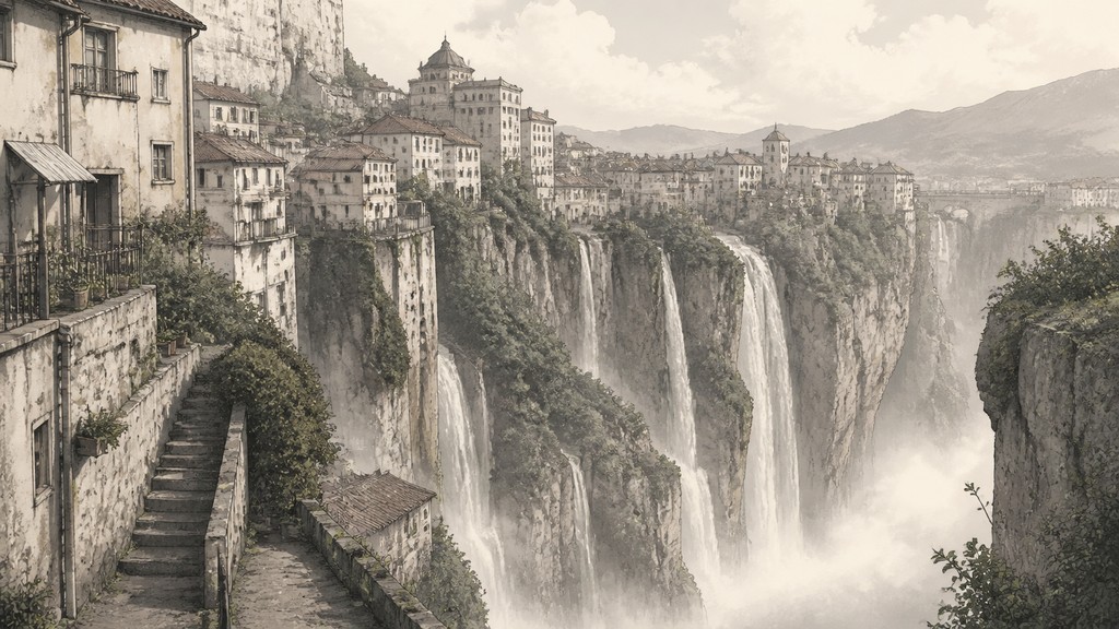 a cliffside city with waterfalls cascading into a misty canyon, wide establishing shot, no people, no text — Slice of Life Manga Art Style concept art