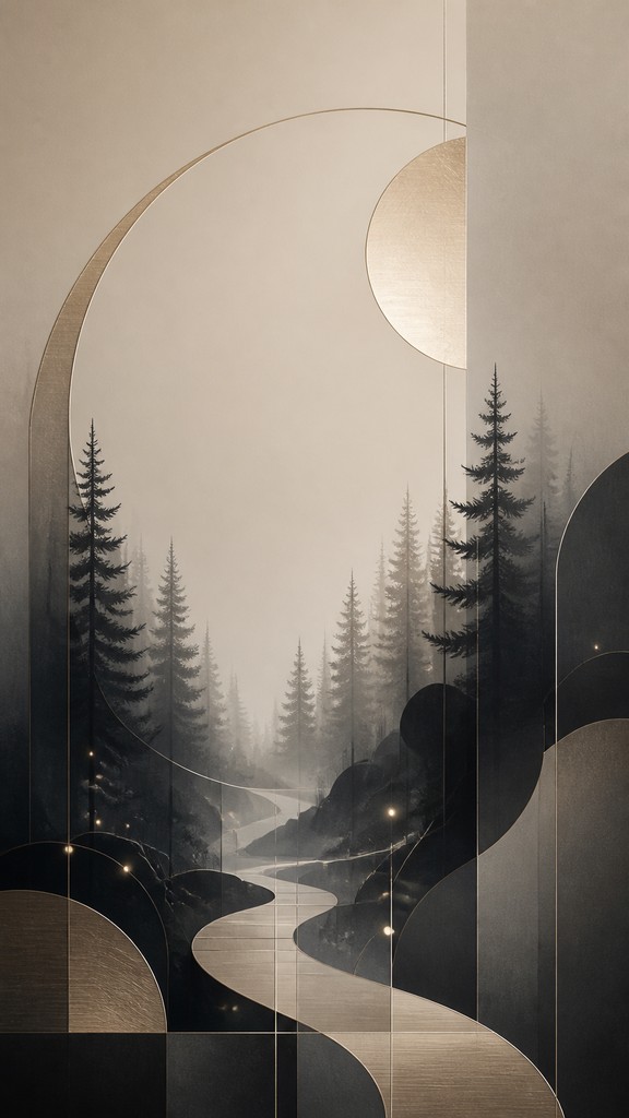 a mysterious forest path with fireflies and drifting mist, atmospheric vertical composition with open space at the top, no text — Minimalist Jewelry Design book cover