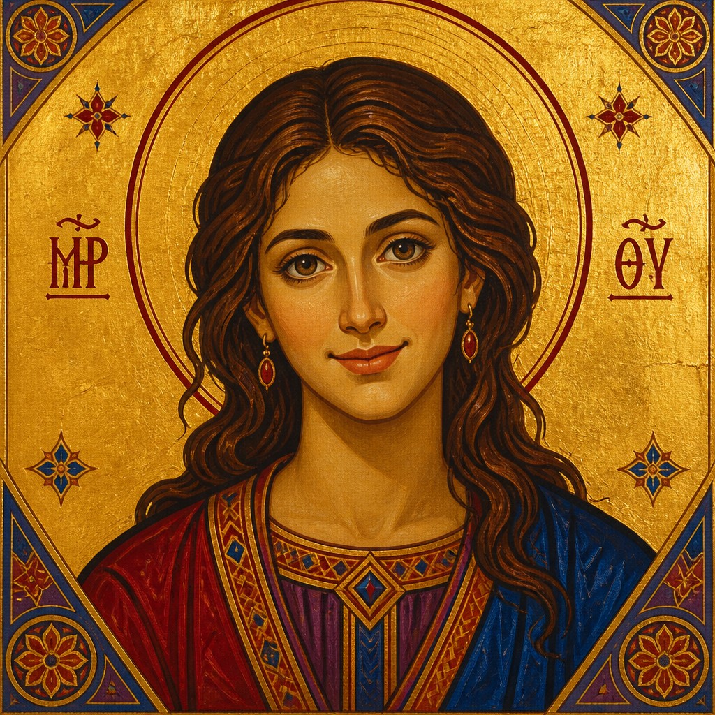 head-and-shoulders portrait of an original character: a young woman with wavy chestnut hair and a warm smile, plain soft backdrop — Byzantine Religious Art profile picture