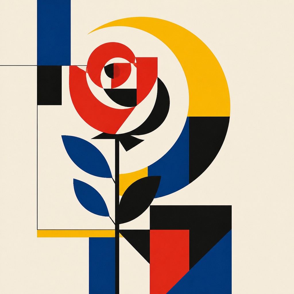 a rose entwined with a crescent moon, clean balanced composition on a plain background, no text — Bauhaus Art Style tattoo design