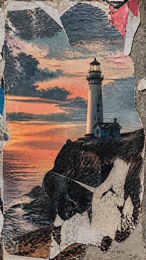 a lone lighthouse on a cliff at dusk under a dramatic sky, no text or lettering — Wheatpaste Poster Street Art Style poster