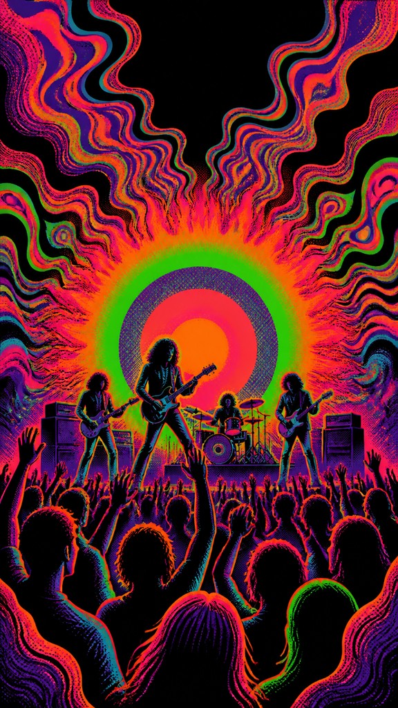 a live music scene with a glowing stage and silhouetted crowd, energetic vertical composition with open space at the top, no text — Psychedelic Poster Design flyer