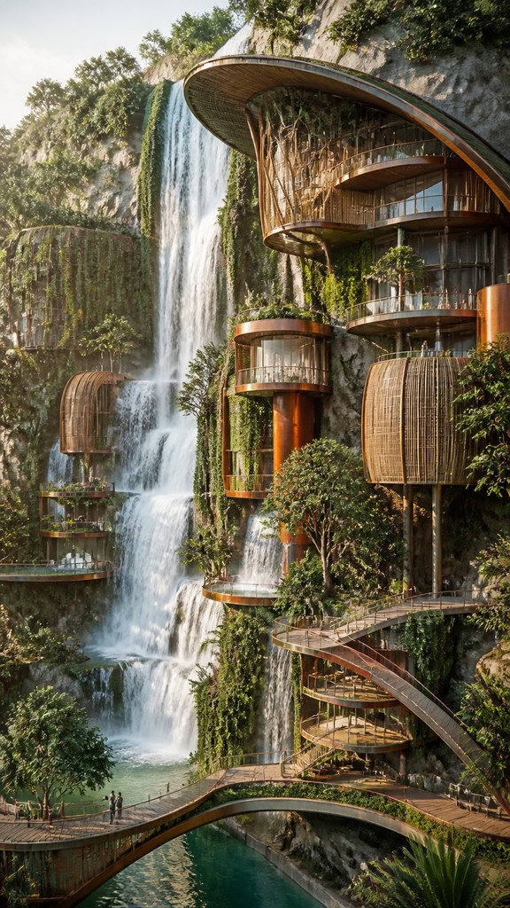 towering waterfall cascading down a cliff — Sustainable Architecture Art