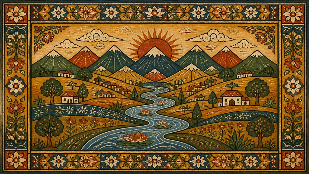 a vast valley with a river winding toward distant mountains at sunrise, no people, no text — Folk Art Style desktop wallpaper