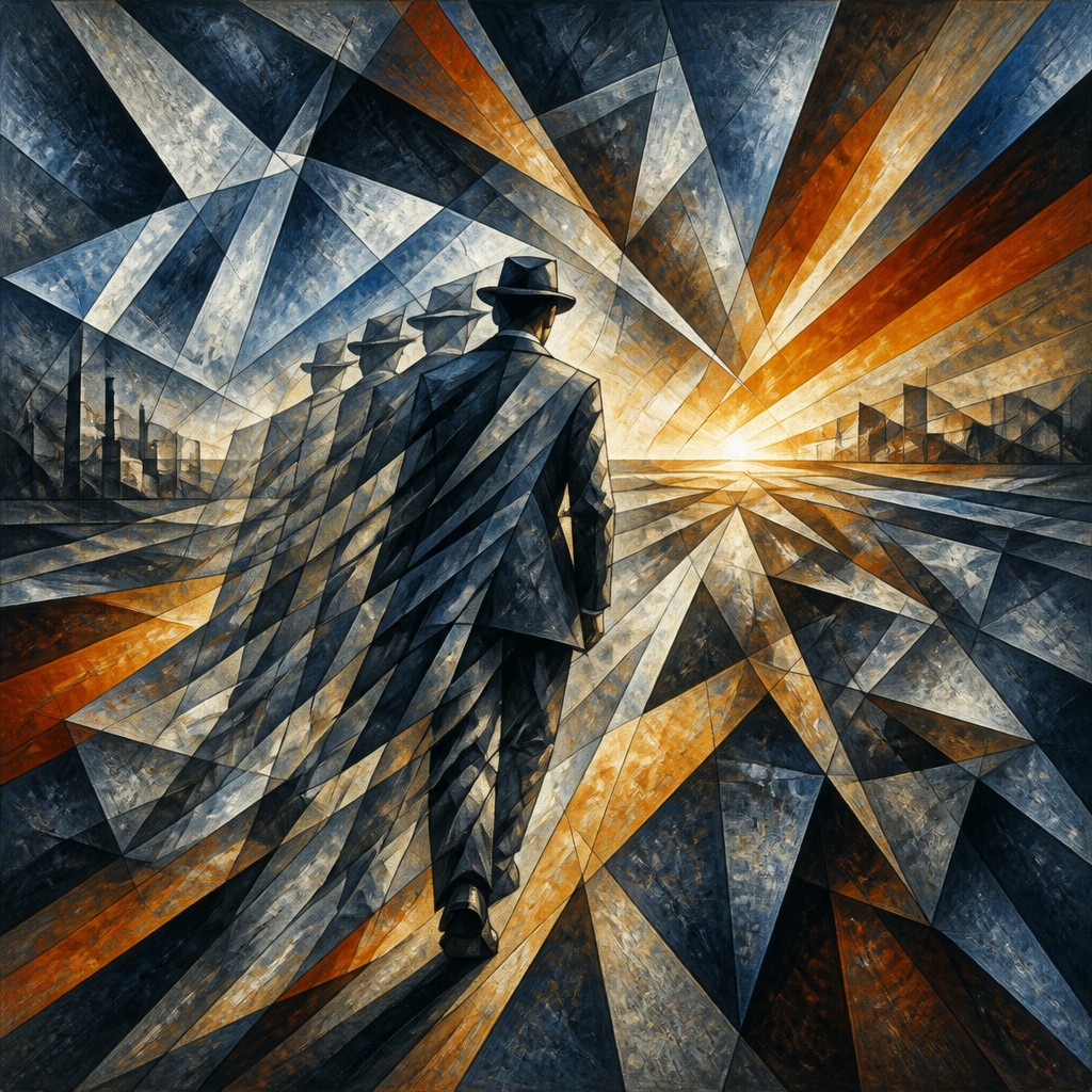 a solitary figure walking toward a glowing horizon across an empty plain, moody atmosphere, no text or lettering — Cubo-Futurism Art Style album cover
