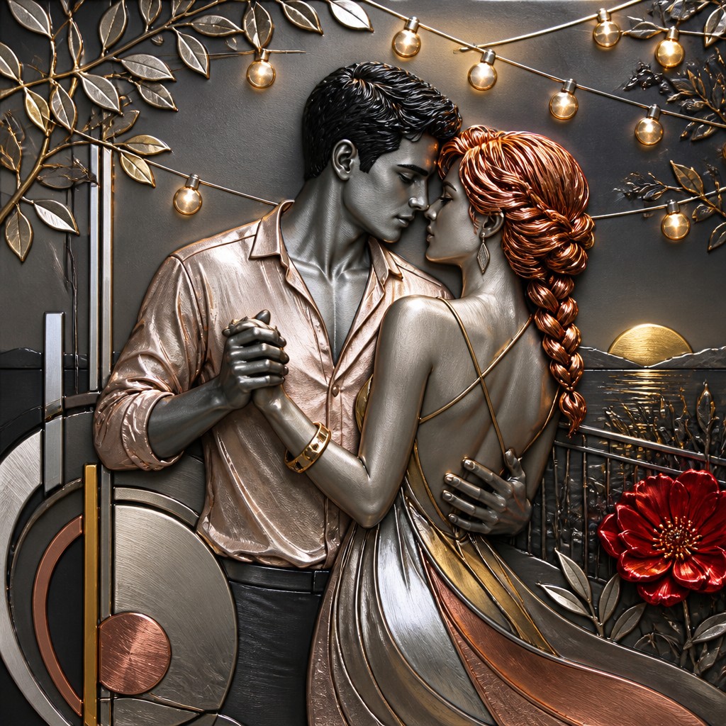 an original couple dancing under string lights in a garden at dusk: a man with short black hair in a linen shirt and a woman with braided red hair in a summer dress — Modern Contemporary Jewelry Design couple portrait