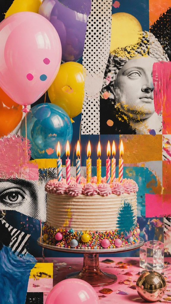 a birthday cake with lit candles surrounded by balloons and confetti, festive vertical composition, no text — Postmodernism Art Style birthday card
