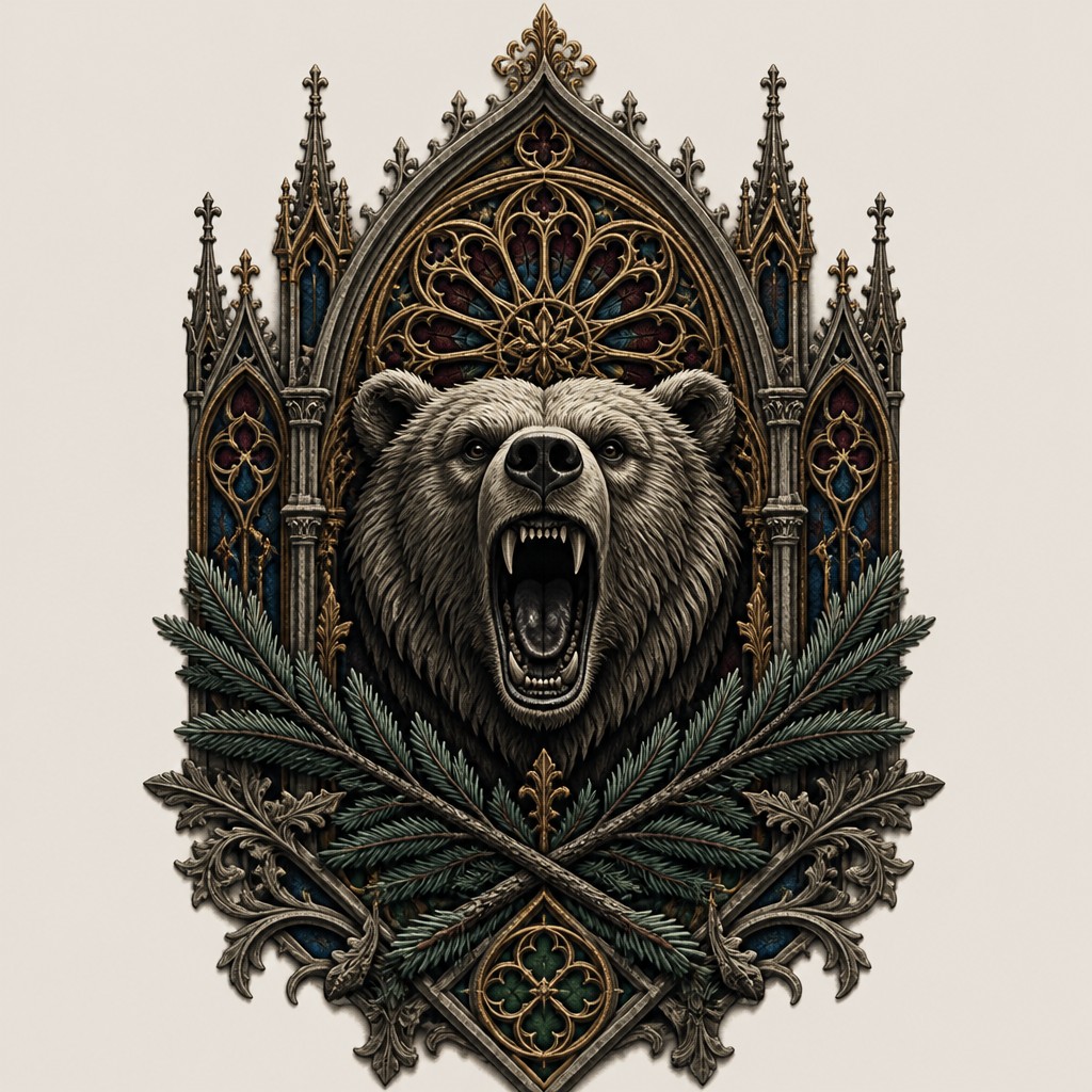 a roaring bear head above crossed pine branches, bold graphic composition on a plain background, no text — Gothic Architecture Art t-shirt design