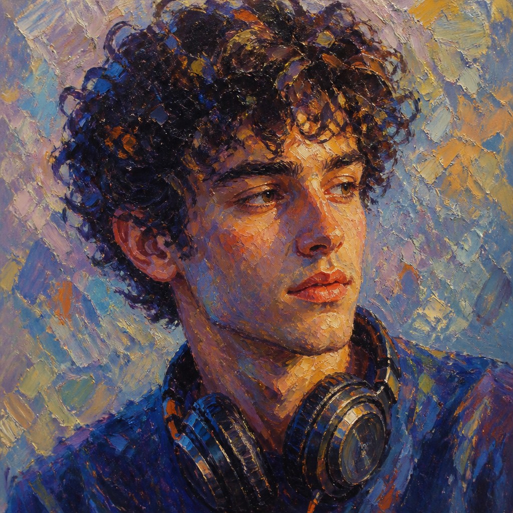 head-and-shoulders portrait of an original character: a young man with curly dark hair and headphones around his neck, plain backdrop, no text — Impressionist Landscape Art Style Discord profile picture
