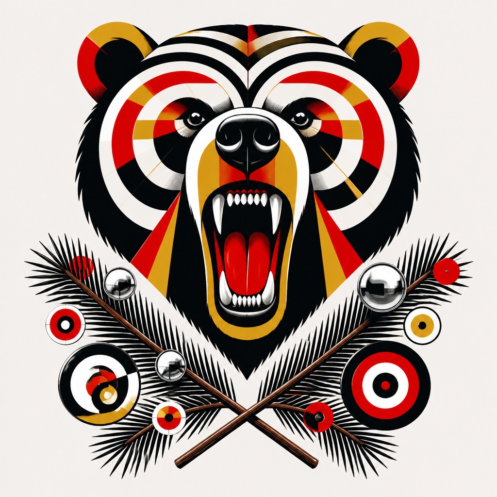 a roaring bear head above crossed pine branches, bold graphic composition on a plain background, no text — Mod Aesthetic t-shirt design