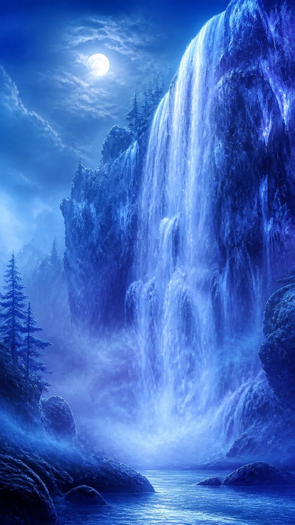 towering waterfall cascading down a cliff — Cool Palette Art Style