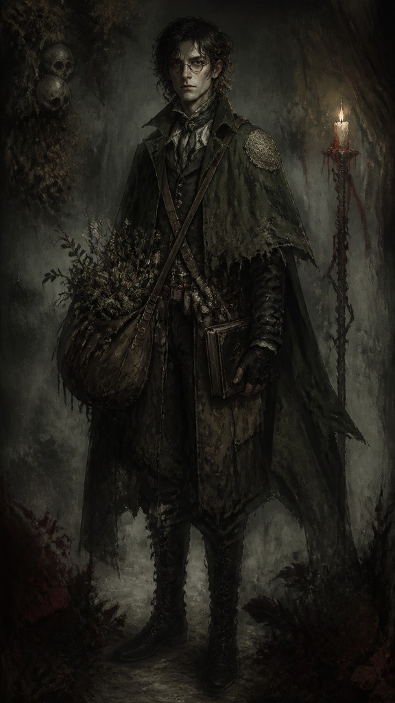 full-body original character: a wandering botanist with a satchel of plants, a patched green cloak, tall boots and round glasses, neutral background — Gothic Horror Art character design