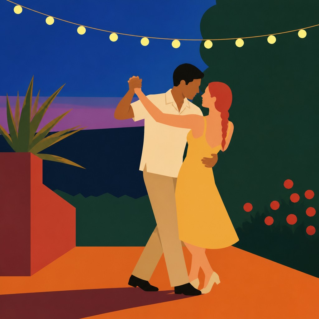 an original couple dancing under string lights in a garden at dusk: a man with short black hair in a linen shirt and a woman with braided red hair in a summer dress — Color Field Minimalism Art Style couple portrait