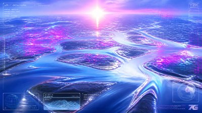 a wide river delta seen from above at sunset, no people — Cyber Y2K Aesthetic wallpaper