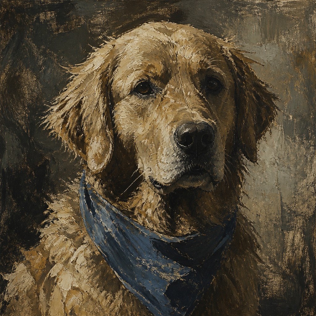 portrait of a golden retriever wearing a blue bandana, warm plain backdrop, no text — Ashcan School Art Style pet portrait