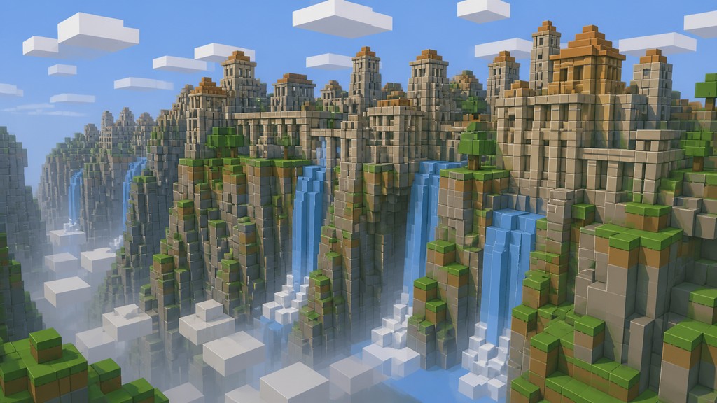 a cliffside city with waterfalls cascading into a misty canyon, wide establishing shot, no people, no text — Blocky Art Style concept art