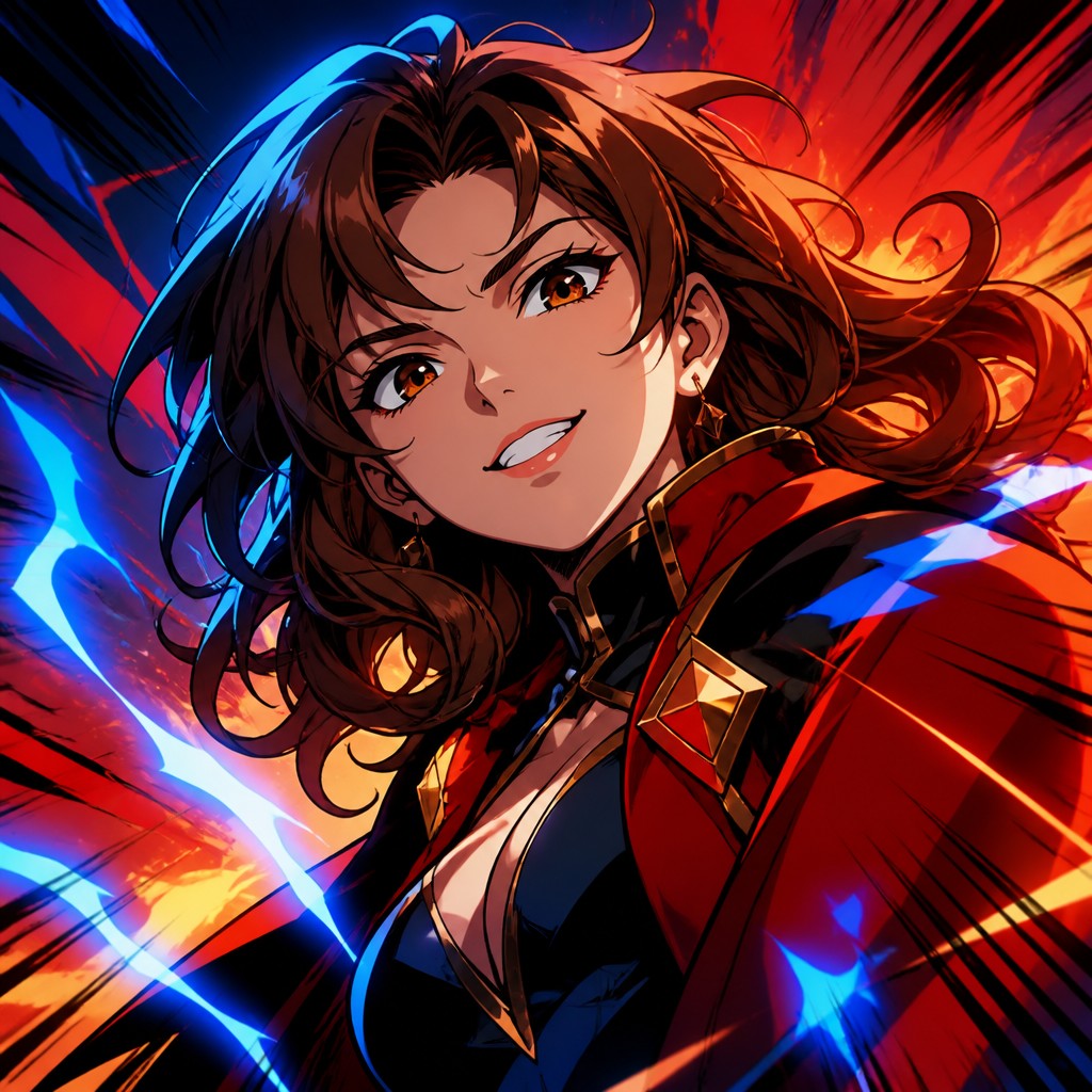head-and-shoulders portrait of an original character: a young woman with wavy chestnut hair and a warm smile, plain soft backdrop — Shonen Action Anime Art Style profile picture