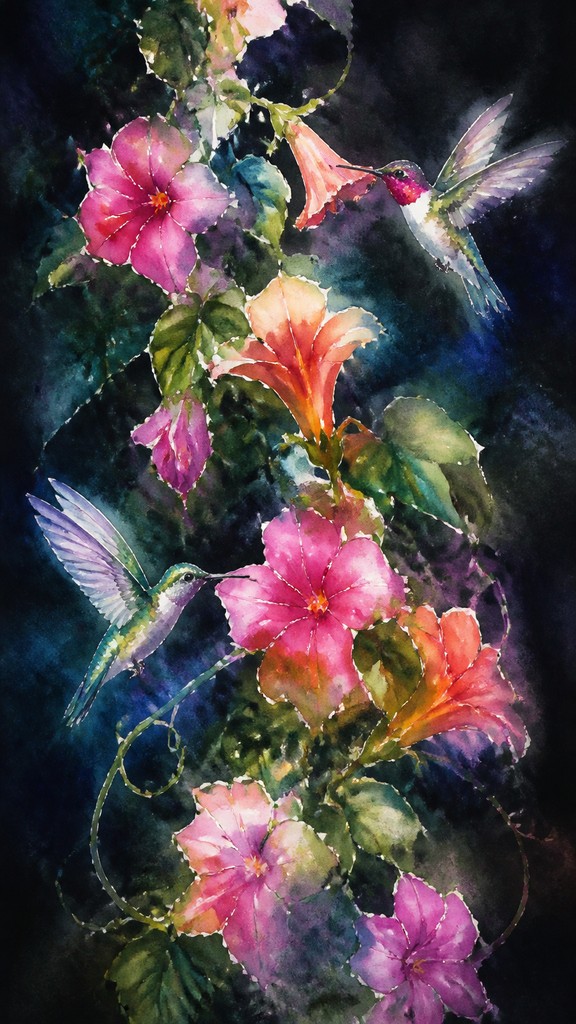 a climbing vine of flowers and hummingbirds on a dark background, tall wrapping composition, no text — Watercolor Portrait Art Style phone case design
