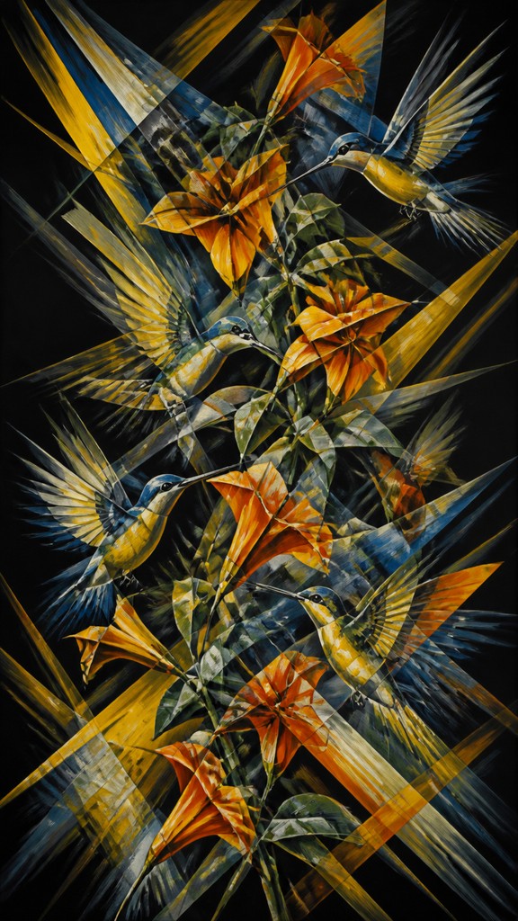a climbing vine of flowers and hummingbirds on a dark background, tall wrapping composition, no text — Futurism Art Style phone case design