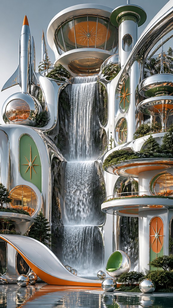 towering waterfall cascading down a cliff — Space Age Aesthetic