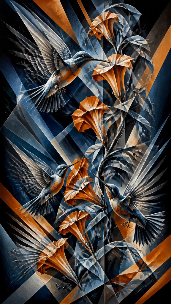 a climbing vine of flowers and hummingbirds on a dark background, tall wrapping composition, no text — Cubo-Futurism Art Style phone case design