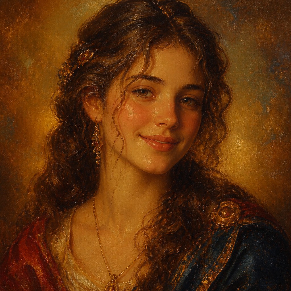 head-and-shoulders portrait of an original character: a young woman with wavy chestnut hair and a warm smile, plain soft backdrop — Venetian Colorism Renaissance Art Style profile picture