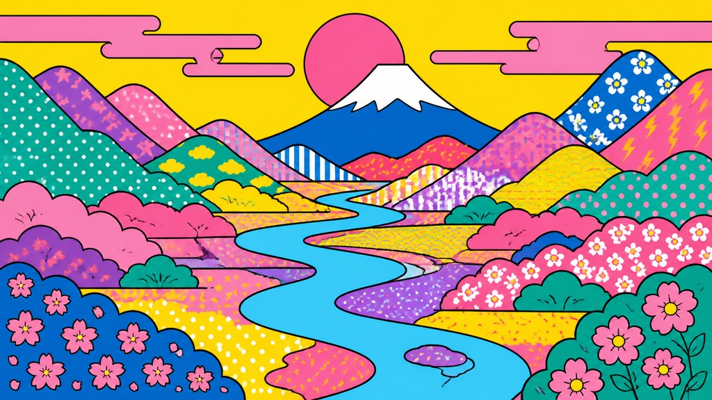 a vast valley with a river winding toward distant mountains at sunrise, no people, no text — Superflat Art Style desktop wallpaper