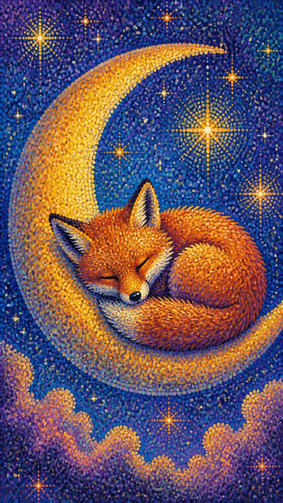 a sleeping baby fox curled on a crescent moon among soft stars, gentle and warm, no text — Pointillist Impressionism Art Style baby announcement