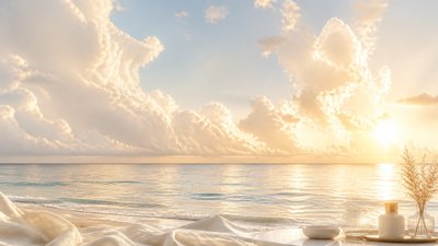 a panoramic ocean horizon with towering clouds at golden hour, no people — Clean Girl Aesthetic wallpaper