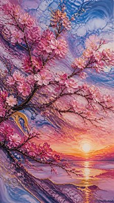 cherry blossom branches against a soft dawn sky, no people — Fluid Abstract Art Style wallpaper