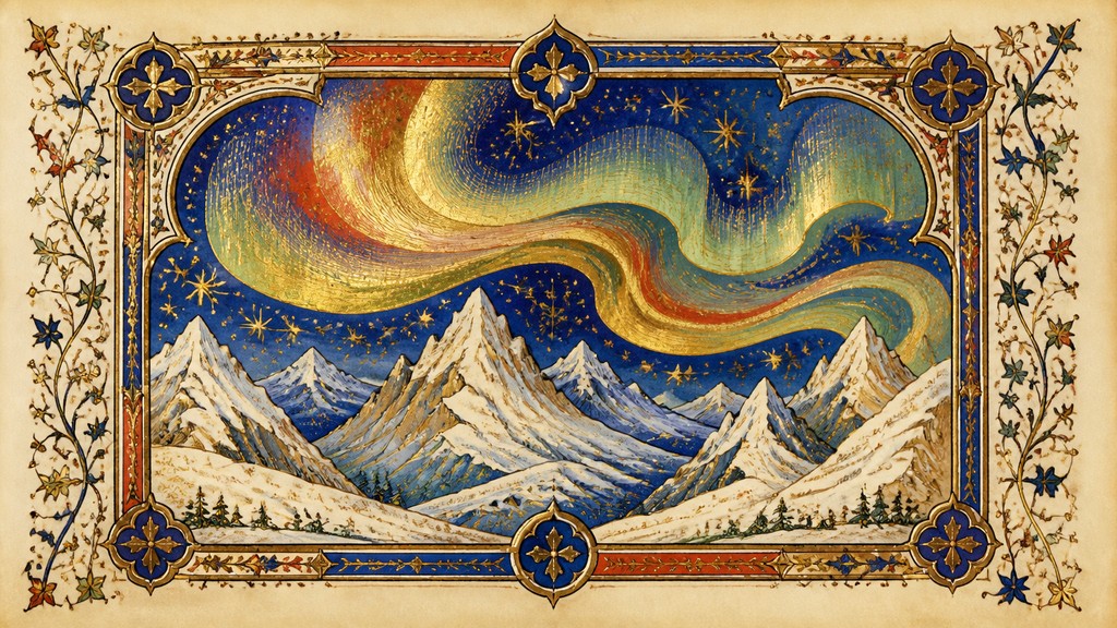 a flowing aurora over snowy peaks, wide sweeping composition, no people, no text — Medieval Gothic Art banner