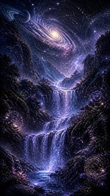 a cascading waterfall in a lush green gorge, no people — Spacecore Aesthetic wallpaper